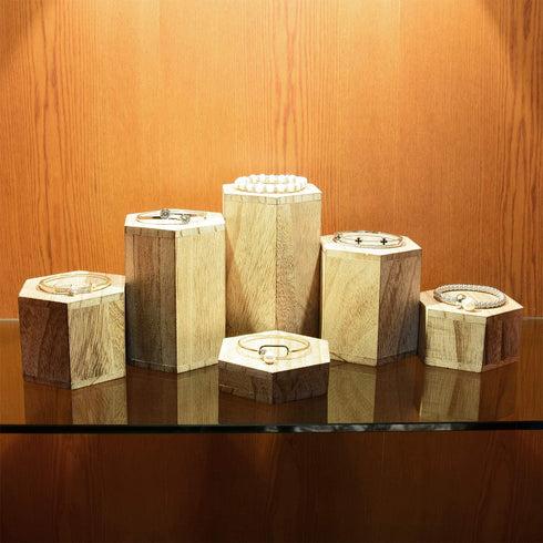 Mooca Wooden 6 Pcs Hexagon Risers for Display Jewelry and Accessories Display Stand, Wooden Display Risers, Wood Jewelry Risers Wood Figurine Display Risers, Oak