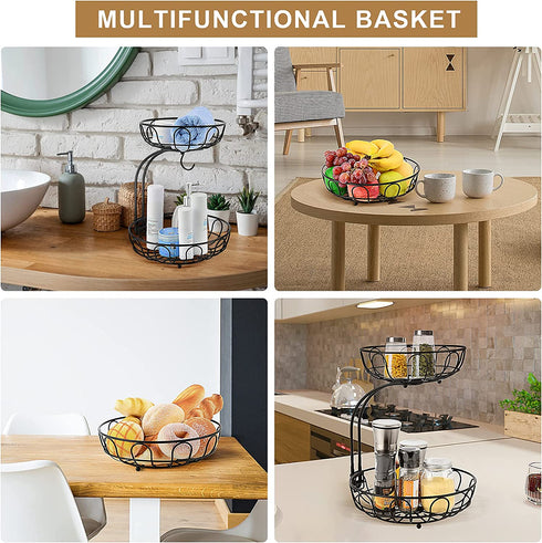 2 Tier Fruit Basket for Kitchen Countertop Detachable Metal Wire Fruits Vegetable Storage Bowl Tiered Stand Holder with Banana Hanger for Dining Table Organizer