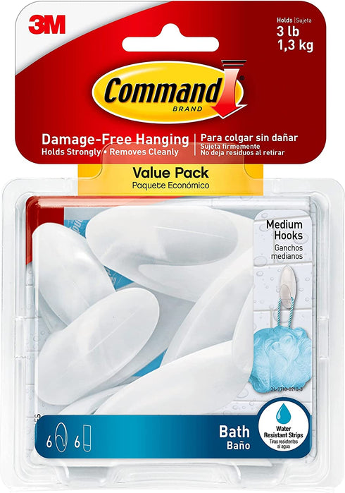 Command Bath Medium Hook Value Pack, Clear Frosted, 6-Medium Hooks, 6-Water Resistant Strips, Organize Damage-Free