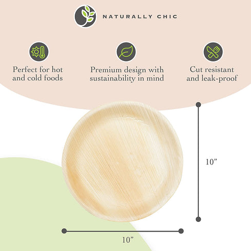 Naturally Chic Palm Leaf Plates - 10 Inch Round - Bamboo Like, Eco Friendly, Disposable, Compostable and Biodegradable Plates for Weddings, Parties and Events