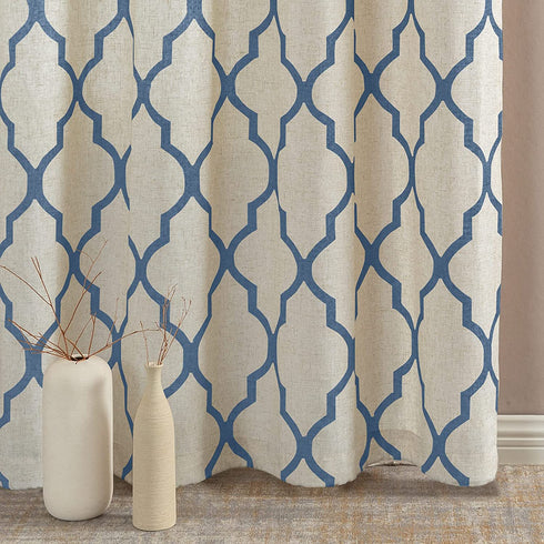 jinchan Linen Curtains for Living Room Back Tab Curtain Moroccan Print Bedroom Drapery Dining Room Light Filtering Flax Textured Rod Pocket Window Treatment 95 Inch Length 2 Panels Blue on Beige