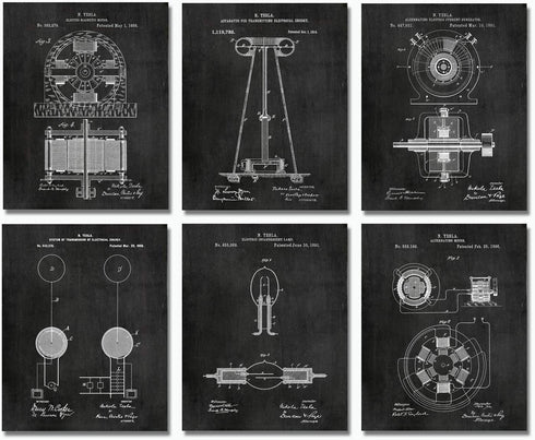 Nikola Tesla Wall Art Patent Prints (8"x10") Set of 6 - Engineer Gifts - Geek Home Decor