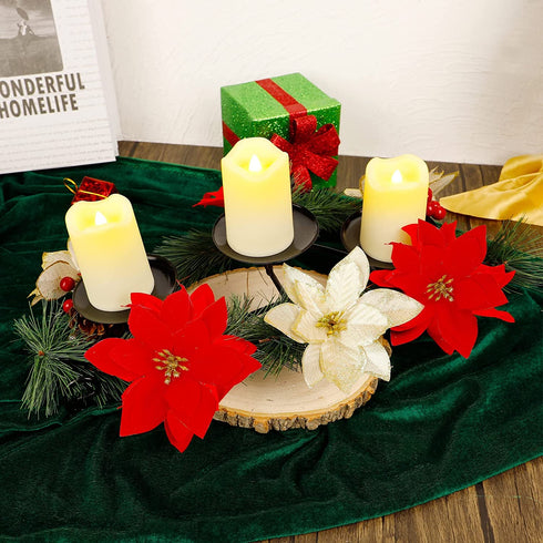 Hausse Christmas Poinsettia Centerpiece with 3 Flameless LED Candles, Chiristmas Candle Holders Advent Wreath, Xmas Tabletop Candleabrum for Home Holiday Party Table Mantel Display