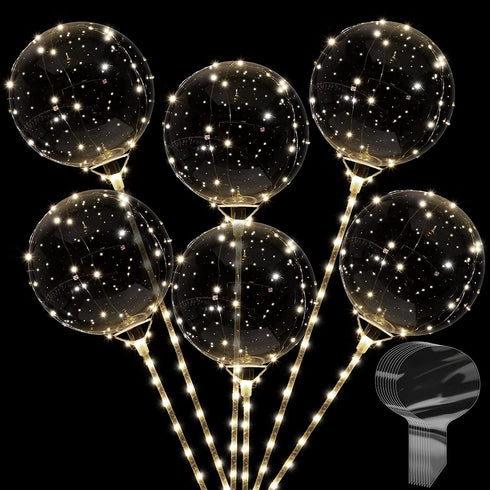 6 Sets Warm LED Light Up BoBo Balloons, 24 Inch Transparent Balloons with 10 Feet LED Warm String Lights, 9 Clear Bobo Balloons and 3 Levels Flashing LED String Lights for Christmas Wedding Party