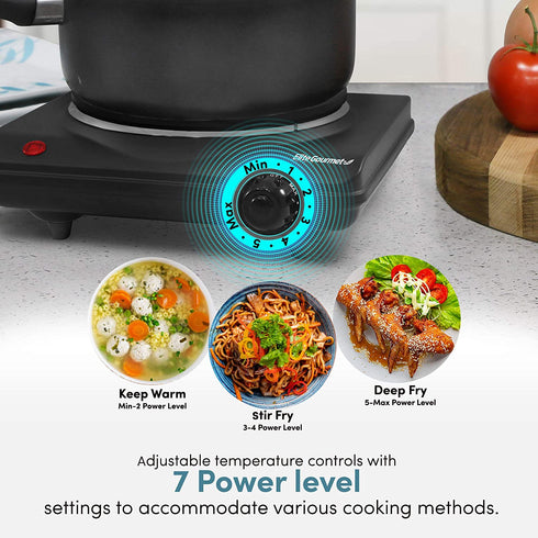 Elite Gourmet ESB-301BF# Countertop Single Flat Burner, Electric Hot Burner, Temperature Controls, Power Indicator Lights, Easy to Clean, 1000 Watts (Black)