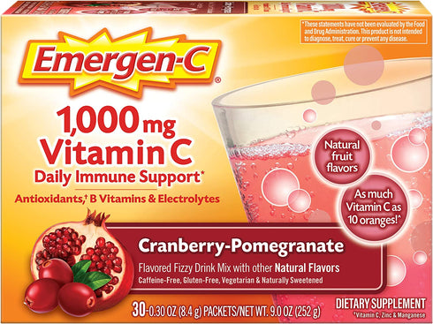 Emergen-C 1000mg Vitamin C Powder, With Antioxidants, B Vitamins And Electrolytes, Vitamin C Supplements For Immune Support, Caffeine Free Drink, Cranberry Pomegranate Flavor - 30 Count/1 Month