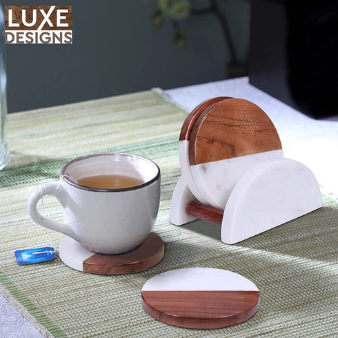Acacia Wood & White Marble Coasters with Holder (4 Piece) Round Absorbent Coasters for Drinks: Tea, Coffee, Wine & More Fancy Half Marble Half Wood Coasters Set for Home & Kitchen Décor (4?)