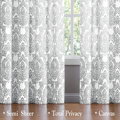 FMFUNCTEX White Grey Damask Print Curtains for Bedroom 63 inch Total Privacy Vintage Flower Window Drapes Living Room Grommet Top 50" w x Set of 2