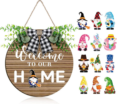 Gnome Wooden Seasonal Welcome Door Sign Interchangeable Welcome to Our Home Round Wood Hanging Front Door Sign with Burlap Bow with 12 Seasonal Ornament for Independence Day Holiday Porch (Brown)