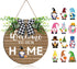Gnome Wooden Seasonal Welcome Door Sign Interchangeable Welcome to Our Home Round Wood Hanging Front Door Sign with Burlap Bow with 12 Seasonal Ornament for Independence Day Holiday Porch (Brown)