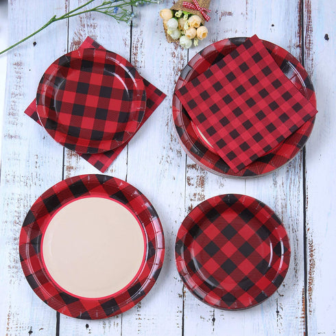Aneco 98 Pieces Red and Black Plaid Party Supplies Party Tableware Paper Plates and Napkins for 24 Guests