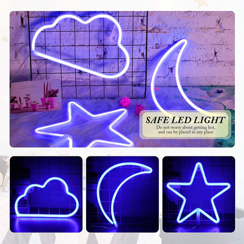 Star Moon and Cloud Neon Signs Decorative LED Light Art Battery or USB Operated Wall Neon Light Decor for Christmas, Birthday Party, Wedding, Outdoor Activities (Blue)