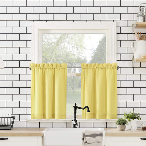No. 918 Martine Microfiber Semi-Sheer Rod Pocket Kitchen Curtain Valance and Tiers Set, 54 in x 45 in (3 Piece), Yellow