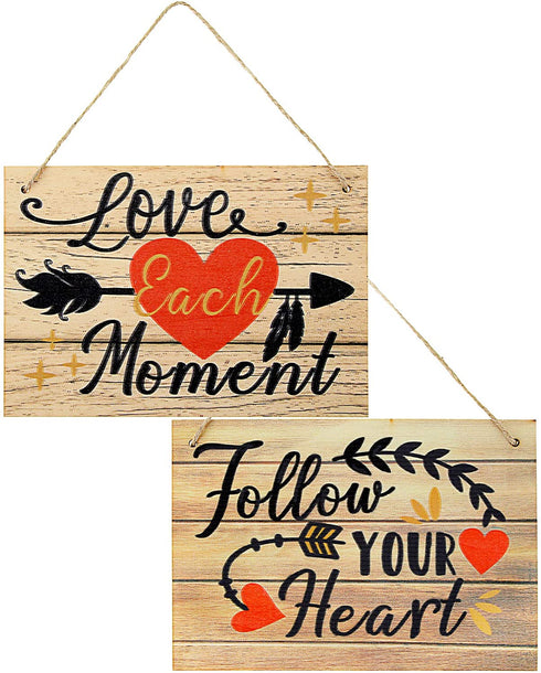 Jetec 2 Pieces Wood Hanging Sign Follow Your Heart Love Each Moment Wall Hanging Wooden Decoration Sign Love Plaque for Valentine's Day Wedding Living Room Dining Room Bedroom, 10 x 7 inch