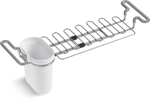 KOHLER Multi-Purpose Over-the-Sink Drying Rack, Caddy with Kitchen Towel Bar Holder, Soaking Cup. Expandable 14.6" to 17.6", Stainless Steel, White