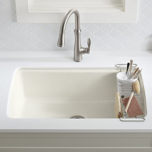 KOHLER Multi-Purpose Over-the-Sink Drying Rack, Caddy with Kitchen Towel Bar Holder, Soaking Cup. Expandable 14.6" to 17.6", Stainless Steel, White