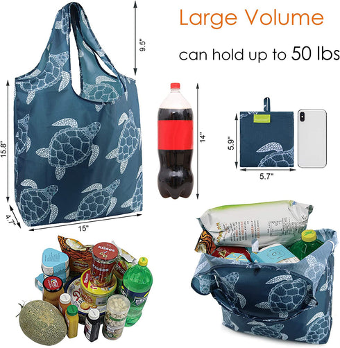 BeeGreen Reusable Grocery Shopping Bags Tote Bag Shopping Bags with Pouch XLarge 50LBS Waterproof Nylon Machine Washable Durable Eco-Friendly 6 Pack Cute Sea Turtles Pattern