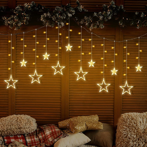 Koicaxy Curtain Lights, 138 Led 12 Stars Curtain Lights Drop Fairy String Lights Waterproof for Outdoor Use 8 Lighting Modes Timing for Ramadan Party Bedroom Wedding Window Christmas