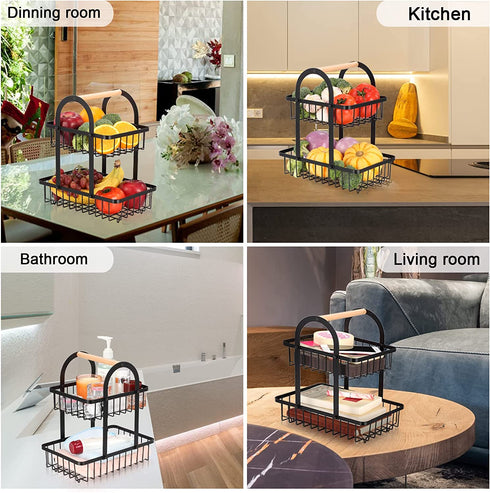 Fruit Basket, 2 Tier Fruit Bowl Storage Holder Detachable Wire Baskets Holder Fruit Tray, Kitchen Organizer For Fruit Vegetables Bread Snack,Free Fruit Peeler,Metal,Black