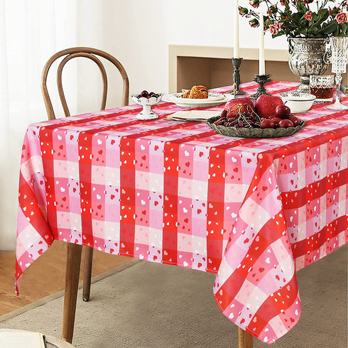 LUSHVIDA Valentine's Day Checkered Rectangle Table Cloth- Love Heart Patterned Washable Microfiber Tablecloth Decorative Table Covers for Wedding Holiday Party Kitchen Dinning, 150 GSM, 60 x 84 inch