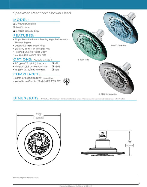 Speakman S-4000-E2 Showerhead, 2.0 GPM, Dusk Blue
