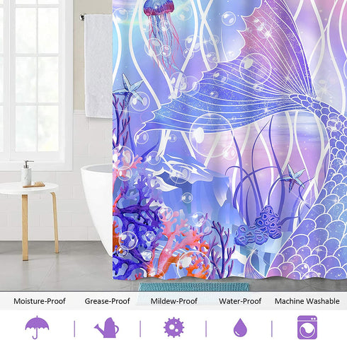 Mermaid Shower Curtain, Kids Shower Curtain for Bathroom, Colorful Ocean Beach Shower Curtain for Girls, Purple Shower Curtain with 12 Hooks, Waterproof Bathroom Shower Curtains