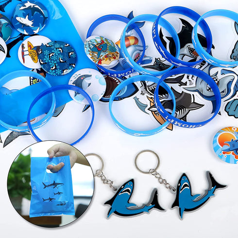 98 Pieces Shark Party Favors, Shark Keychain Goodie Bags with Rubber Bracelets, Shark Button Pins, Shark Bags and Shark Stickers for Shark Theme Birthday Party Baby Shower Holiday