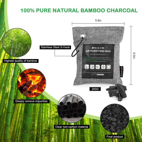 Bamboo Charcoal Air Purifying Bag(4 Packs*200g & 4 Hooks),Activated Charcoal Bags Odor Absorber-Nature Fresh Air Purifier,Closet Deodorizer Freshener,Odor Eliminator for Home,Car,Pet,Basement.