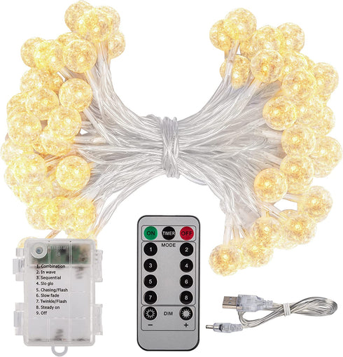 Battery Operated String Lights - JACKYLED 33ft 80 LED Crackle Globe Fairy Lights 8 Modes with Timer Remote Waterproof Indoor Outdoor Decorative Hanging Lights for Home Bedroom Party Wedding Christmas