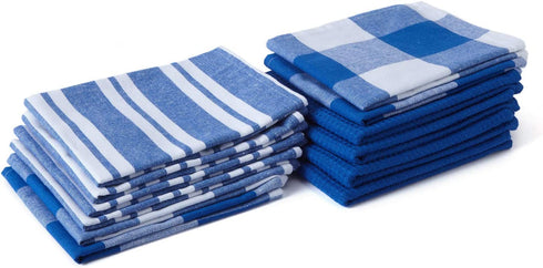Encasa Homes Kitchen Dish Towels X-Large 18 x 28 inch (12 pcs Set of Waffles, Stripe & Checks) Absorbent, Tea Towels for Cleaning and Quick-Drying, Eco-Friendly Cotton - Blue