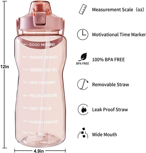 EYQ Half Gallon/64 oz Water Bottle with Time Marker, Carry Strap and Motivational Quote, Leak-Proof Tritan BPA-Free, Ensure You Drink Enough Water for Fitness, Gym, Camp, Sports (Clear Rose pink)