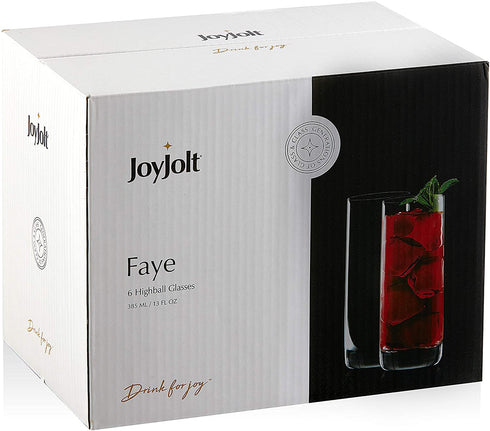JoyJolt Faye Highball Glasses Set of 6 Tall Drinking Glasses. 13oz Cocktail Glass Set. Lead-Free Crystal Glassware. Bourbon or Whiskey Glass Cup, Bar, Iced Tea, Water, Mojito and Tom Collins Glasses