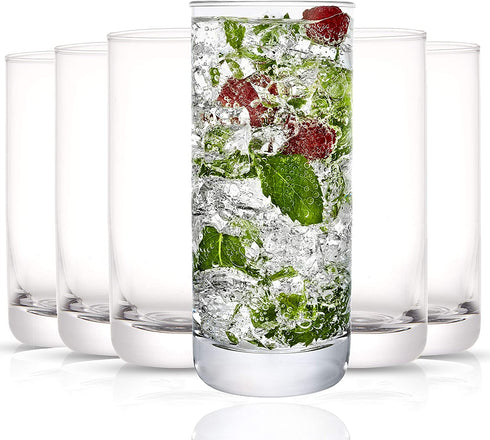 JoyJolt Faye Highball Glasses Set of 6 Tall Drinking Glasses. 13oz Cocktail Glass Set. Lead-Free Crystal Glassware. Bourbon or Whiskey Glass Cup, Bar, Iced Tea, Water, Mojito and Tom Collins Glasses