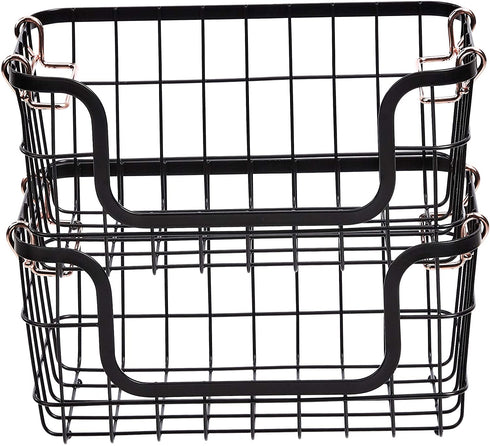 Amazon Basics Stackable Metal Wire Storage Basket Set for Kitchen or Bathroom - Black/Rose Gold