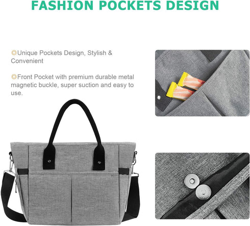 KIPBELIF Insulated Lunch Bags for Women - Large Tote Adult Lunch Box for Women with Shoulder Strap, Side Pockets and Water Bottle Holder, Gray, Normal Size
