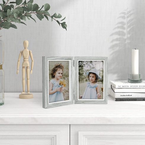 Afuly Rustic Double Picture Frame 4x6 Dual Grey Photo Frames Wooden Hinged Folding Vertical 2 Openings Unique Wedding Gifts