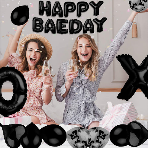 Happy BAEDAY Black Balloon Kit | Valentines Day Balloons | Anniversary Decorations | Best Black Balloons For Him | 16" XO Letter Balloons | Foil & Confetti Balloons | Black Heard Balloons
