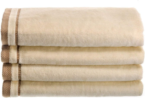Creative Scents 100% Cotton Velour Fingertip Towels - 4 Pack - 11 by 18 Inches Decorative Extra Absorbent and Soft Face Towel Ideal for Bathroom and Powder Room (Cream with Embroidered Brown Trim)