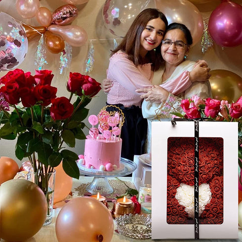 FERVENT LOVE Gifts for Her Women 16" Rose Bear Valentines Day Gifts for Her/Wife Wine Red Rose Teddy Bear with Heart Artificial Flowers Bear with Gift Box Heart-Shaped Ballon and Greeting Card