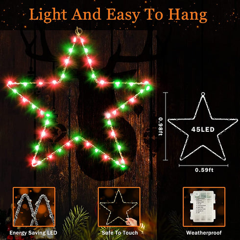 Christmas Window Lights 3 Pack Battery Operated LED Star Light 8 Modes Timer Fairy Hanging Light, Outdoor Waterproof Decor for Home Xmas Tree Porch Holiday Party Indoor Decoration Red and Green