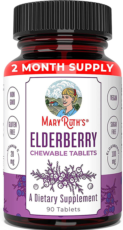 Elderberry + Vitamin C Chewable Tablets by MaryRuth's | Up to 3 Month Supply | Black Elderberry for Immune Support | Sambucus Black Elderberry for Overall Health | Gluten Free | Non-GMO | 90 Servings