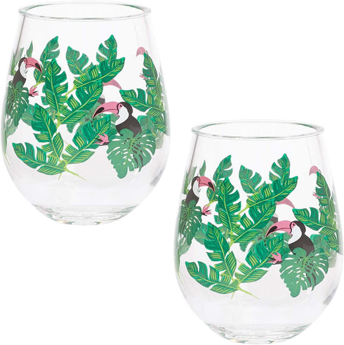 X&O Paper Goods QWG2-20874 X&O Paper Goods Tropical Toucan Acrylic Stemless Wine Glass Set, 2pc, 12 oz,