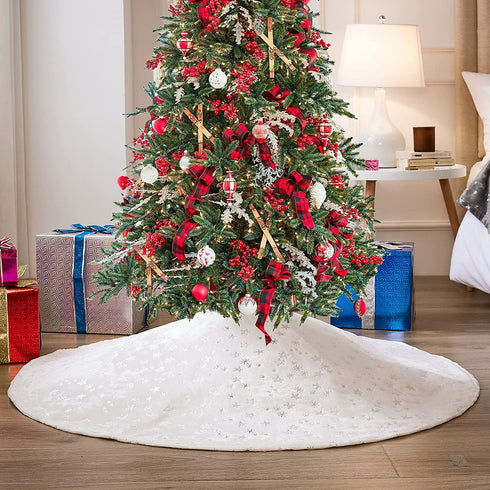 EHEYCIGA Fleece Christmas Tree Skirt White 48 inches with Silver Snowflakes and Stars Stamped Silver, Christmas Tree Blanket for Xmas Tree, Holiday Christmas Tree Decorations