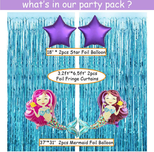 Mermaid Party Supplies, 50 pcs Mermaid Party Favors - Banner, Balloons, Hanging Swirl, Foil Curtains, Paper Fans, Sea Theme Decorations for Girl's Party and Baby Shower Party
