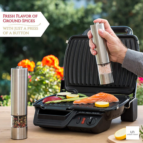 Electric Pepper Grinder or Salt Grinder - Battery Operated Stainless Steel Pepper Mill with Light - One Handed Operation - Adjustable Ceramic Grinder