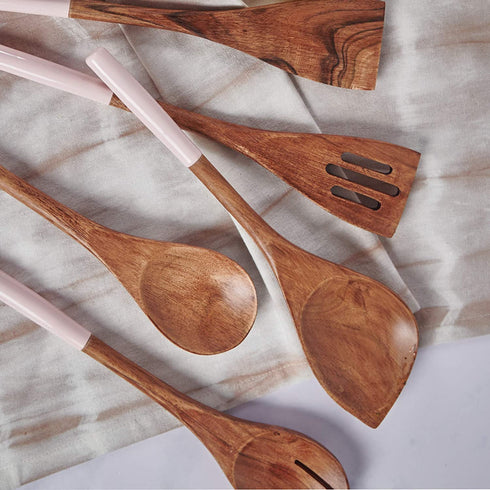 Wooden Cooking Utensils Set for Kitchen, Non Stick Cookware Tools Includes Wooden Spoon for Cooking, Spatula, Fork, Slotted Turner, Corner Spoon, Set of 5-12 Inches Long, Acacia Wood, Blush Pink