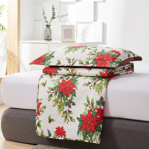 Flower Quilt Set Full/Queen Size ,3 Pcs Poinsettia Floral Quilts Lightweight Reversible Red Christmas Flower Bedspread Coverlet New Year Holiday Bedding with Pillow Shams