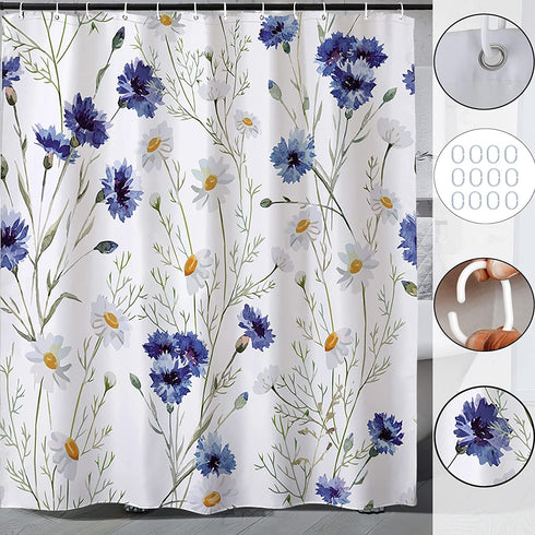 Cedriel Cornflower/Daisy Shower Curtain, Spring Blooming Blue and White Floral Pattern, Polyester Fabric, Waterproof Washable No-Fading with 12Hooks