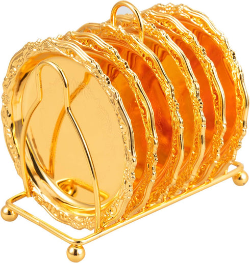 Feyarl Gold Set of 6pcs Drink Coasters Plates Coffee Cup Coasters with Rack Non-Slip Metal Cup Mats Tabletop Display for Coffee Tabletop Bar Living Room Home Deco Kitchen