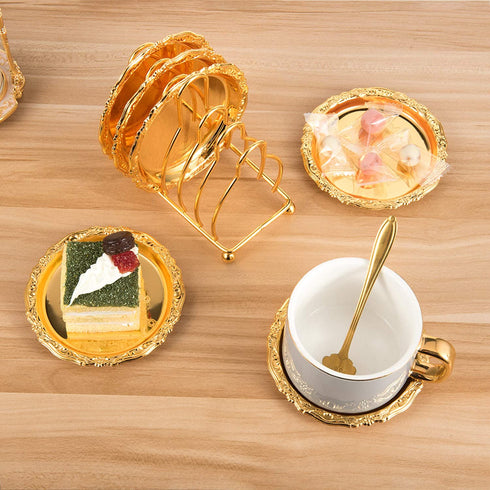 Feyarl Gold Set of 6pcs Drink Coasters Plates Coffee Cup Coasters with Rack Non-Slip Metal Cup Mats Tabletop Display for Coffee Tabletop Bar Living Room Home Deco Kitchen